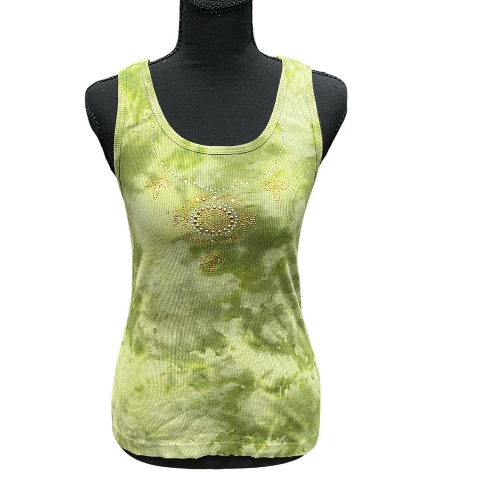 Vintage Y2K Green Tie Dye Rhinestone Cotton Ribbed Tank Top Medium NWT